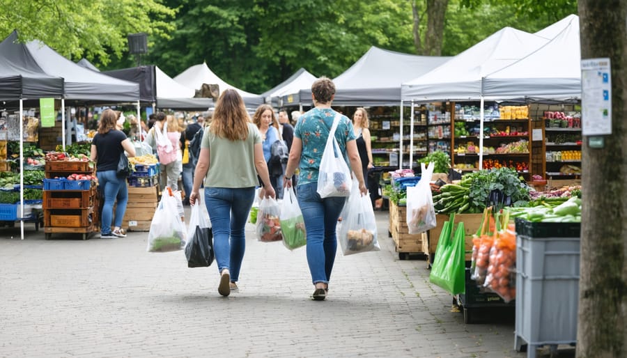 Customers shopping with eco-friendly bags at outdoor market stands