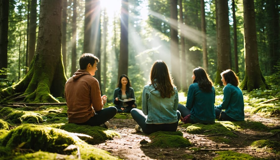 Small group engaged in forest bathing therapy beneath towering trees with streaming sunlight