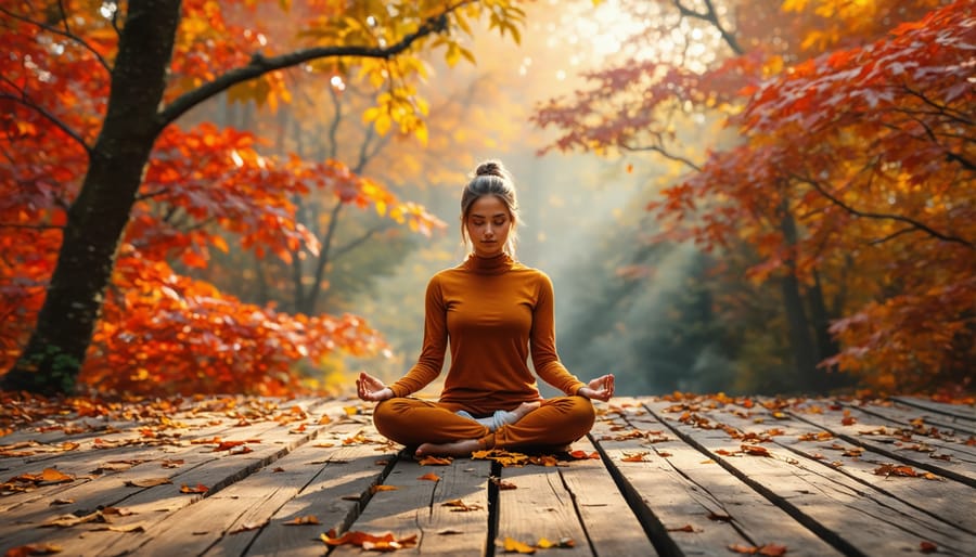 Peaceful meditation scene in Chesterfield Preserve during fall season