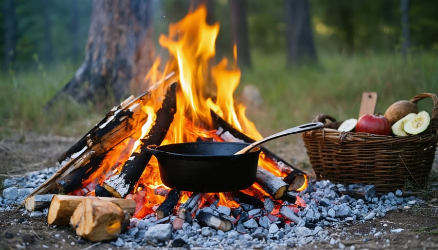 Traditional New Hampshire campfire cooking setup with Dutch oven and local ingredients