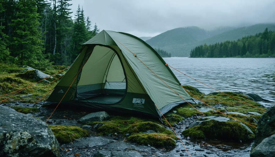 Weather-resistant tent secured with guylines and stakes on rocky terrain with storm clouds overhead