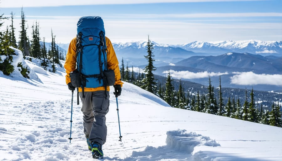 Winter hiker demonstrating complete layering system while hiking in New Hampshire mountains