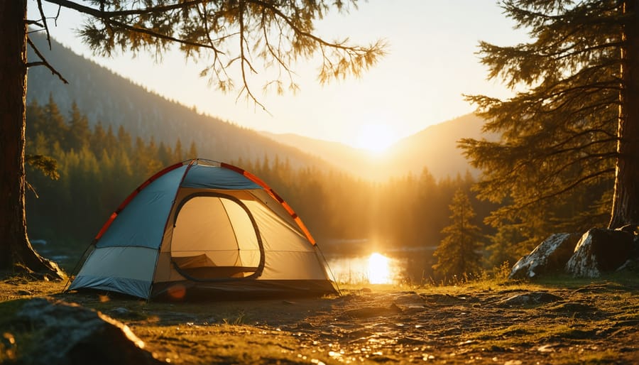 Tent pitched at a peaceful first-come, first-served campground surrounded by trees at sunset