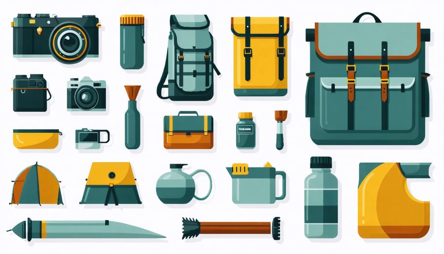 Flat lay of camping essentials including tent, sleeping bag, flashlight, and basic supplies