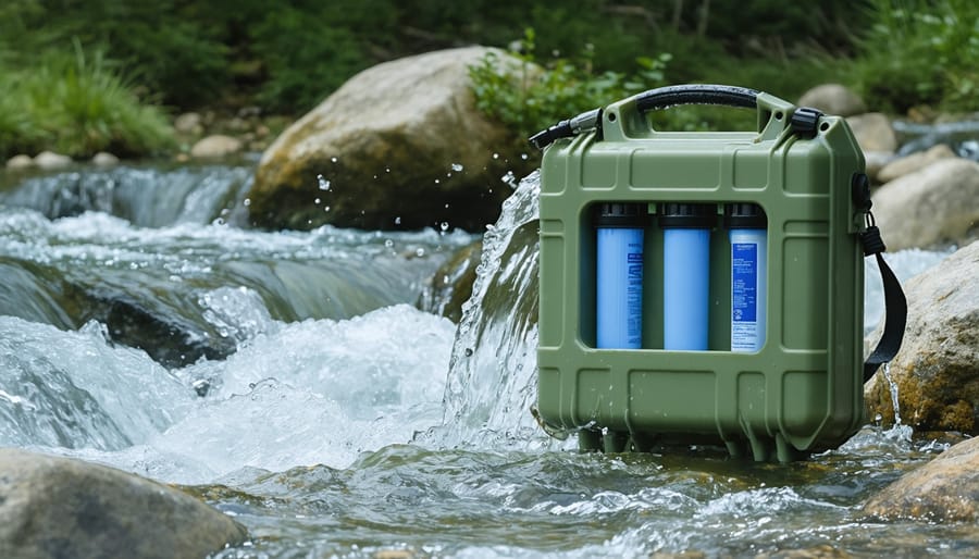 Demonstrating water filtration from a natural stream using portable filter system