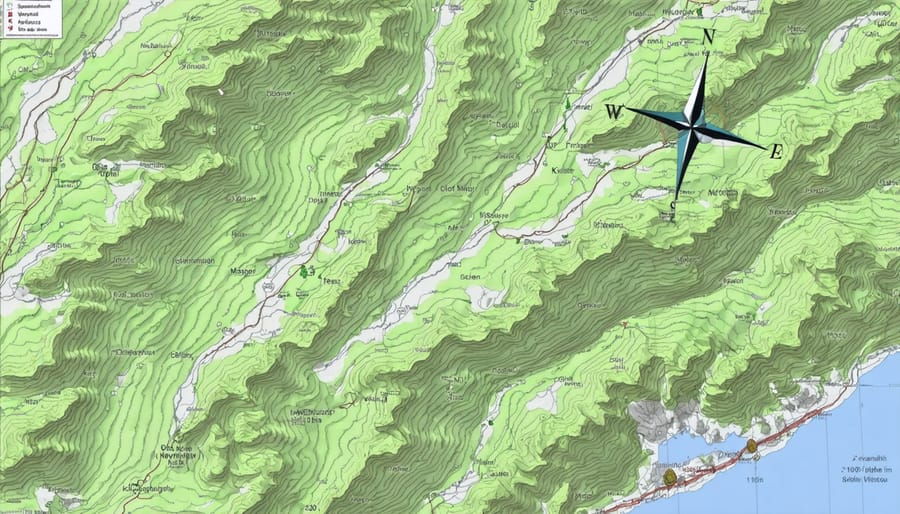 Navigation tools including compass, topographic map, and GPS device for wilderness navigation