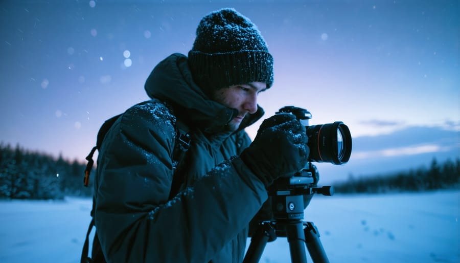 Person setting up camera equipment for northern lights photography in winter conditions