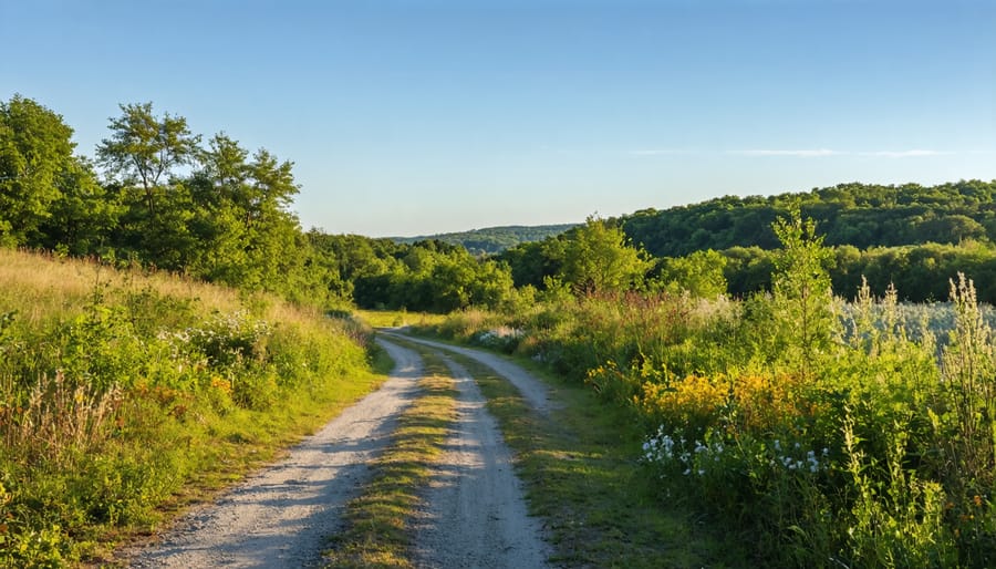 Hiking trail through woodland area featuring native plants and bird habitats