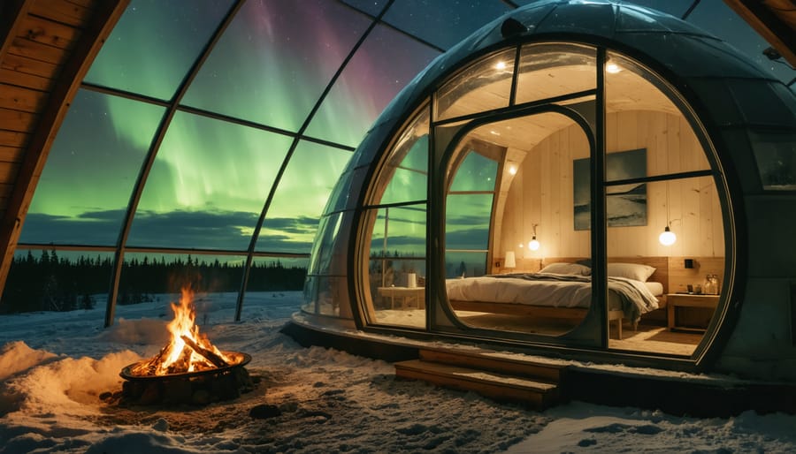 Luxury glass igloo hotel room with clear view of the northern lights above