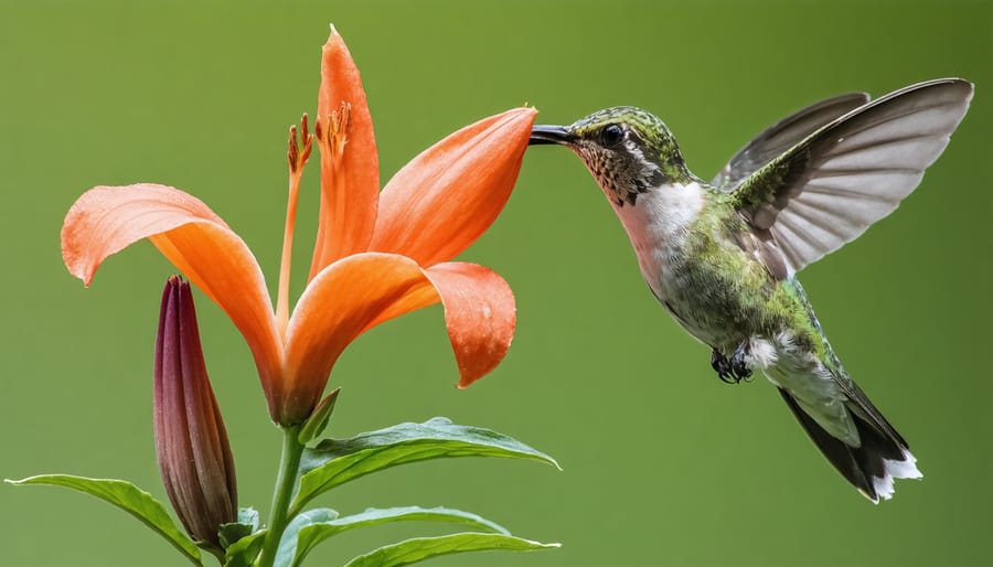 Ruby-throated hummingbird hovering while feeding from a red cardinal flower