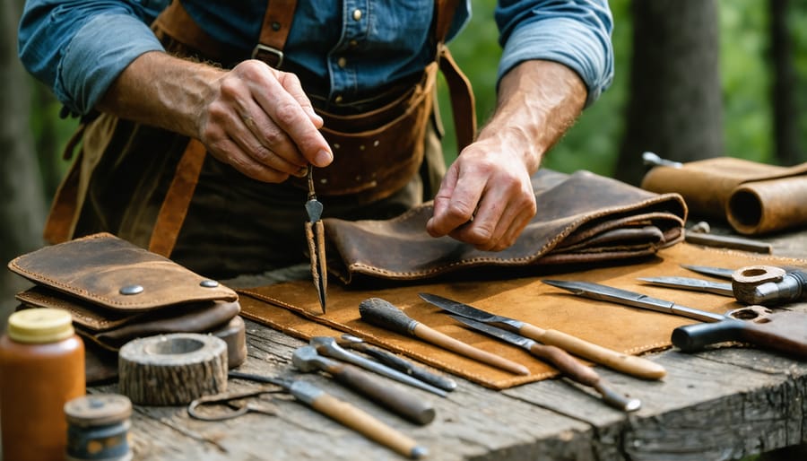 Person using historical leather crafting methods to maintain modern outdoor equipment