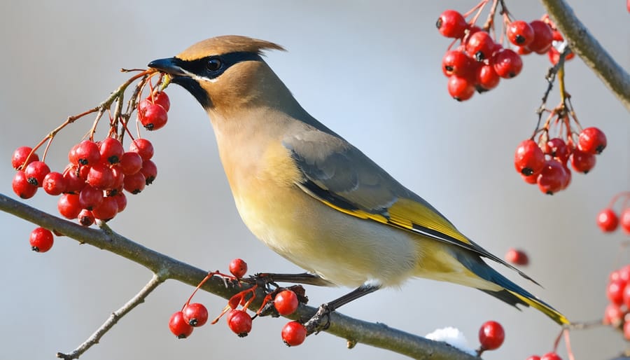 Cedar waxwing perched on a winterberry bush eating bright red berries