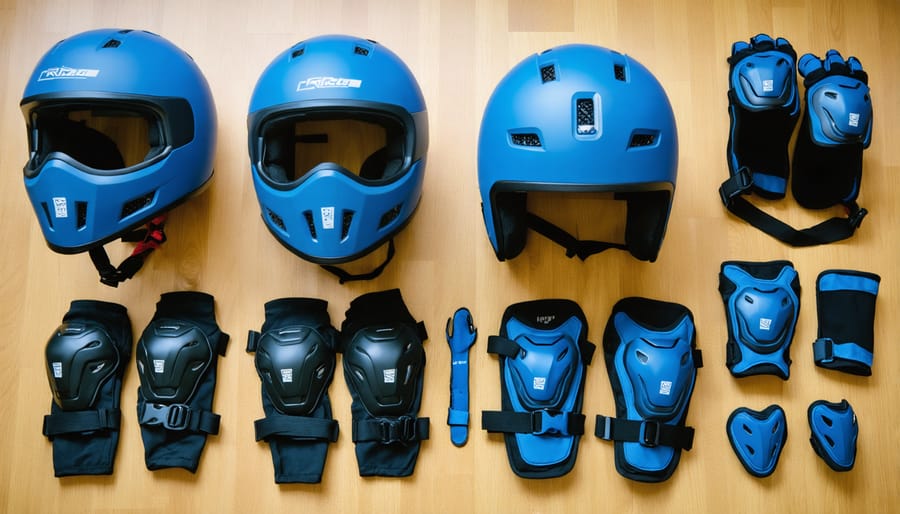 Complete protective gear setup for downhill mountain biking including helmet, pads, and body armor