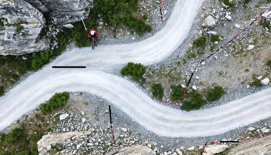 Aerial view of mountain bike trail showing different line choices through technical terrain