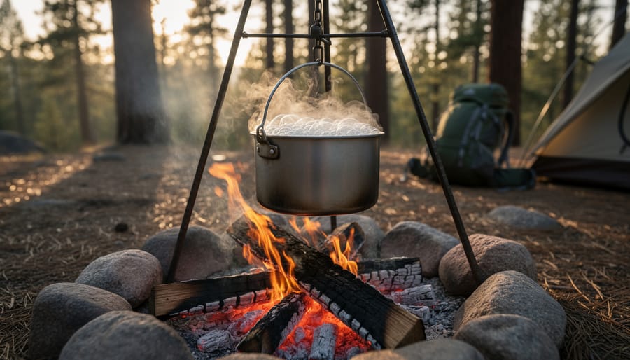 Camping pot with boiling water over outdoor campfire