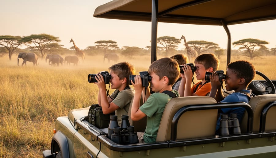 Child photographer taking pictures of giraffe during family safari experience