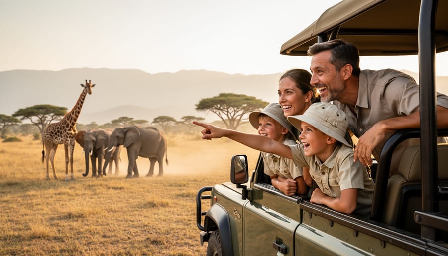 Family with children in safari vehicle observing elephants in the distance during golden hour