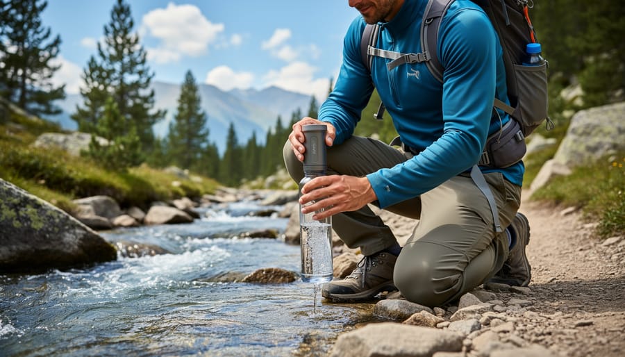 Hiker using portable squeeze water filter to purify stream water into bottle