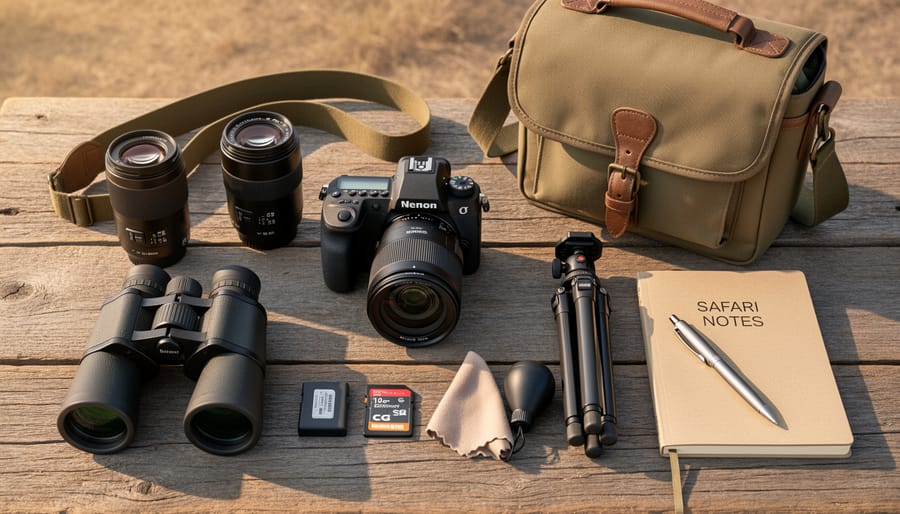 Camera equipment and safari accessories arranged on safari vest including DSLR, binoculars, and photography accessories