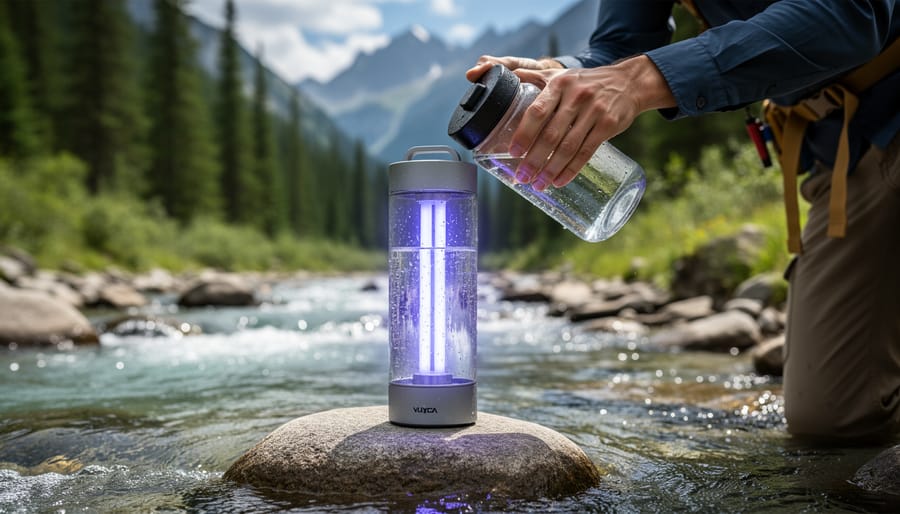 Backpacker using UV light purifier device to treat water at campsite