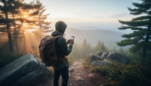 “A hiker stands on a misty New England summit trail at golden hour, holding a smartphone while rocky path and pine forest blur in the background.”