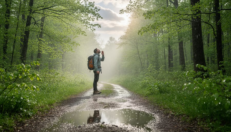 Hikers on a forest trail after rain with sun filtering through trees
