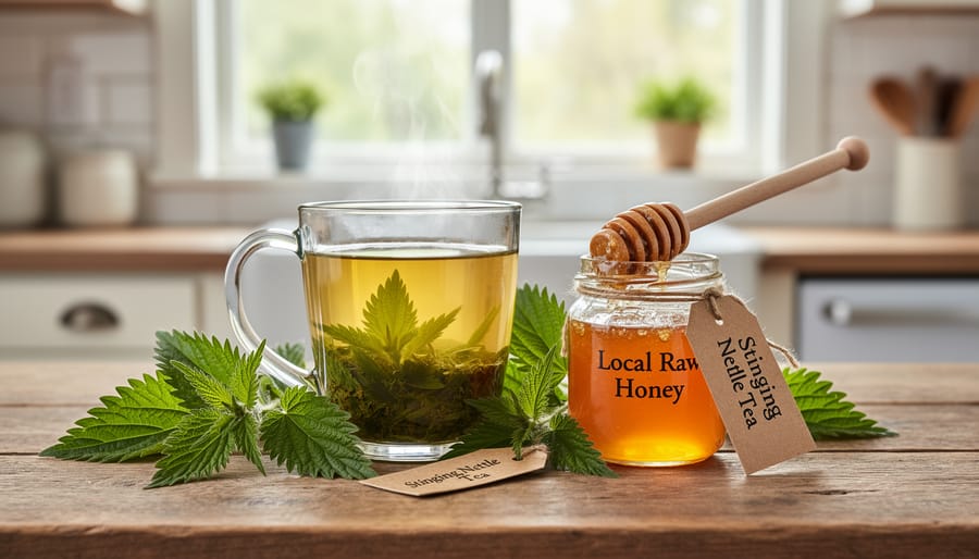 Jar of raw honey and a cup of stinging nettle tea on a rustic table