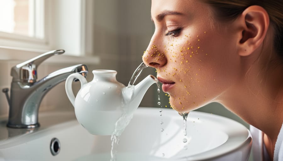 Person performing a saline nasal rinse using a neti pot at a bathroom sink