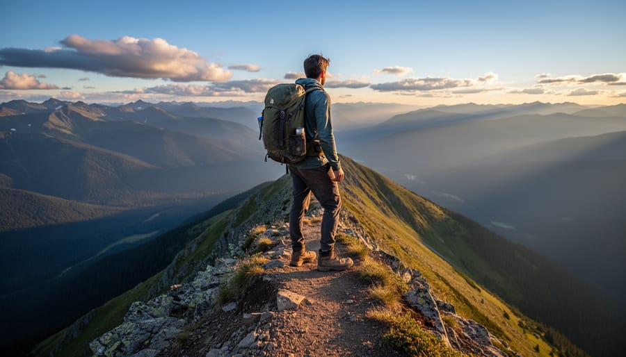 Silhouette of a hiker standing on a rocky ridge at golden hour overlooking a forested valley