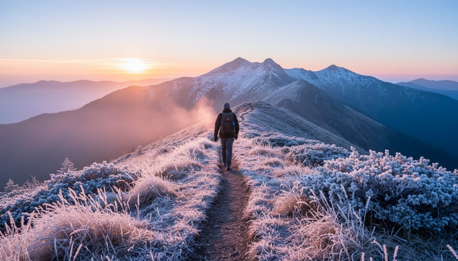 Trekking poles resting on a stone ledge with frosted evergreens and a sunrise-lit mountain silhouette