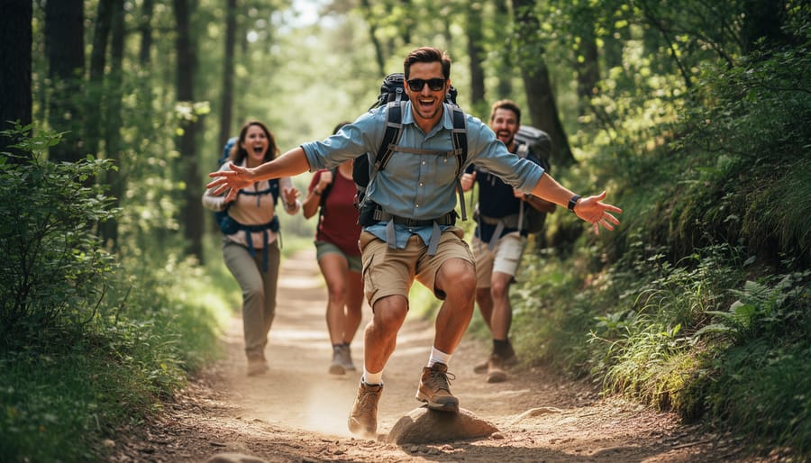 Two hikers laughing on a trail with soft overcast light and blurred forest background