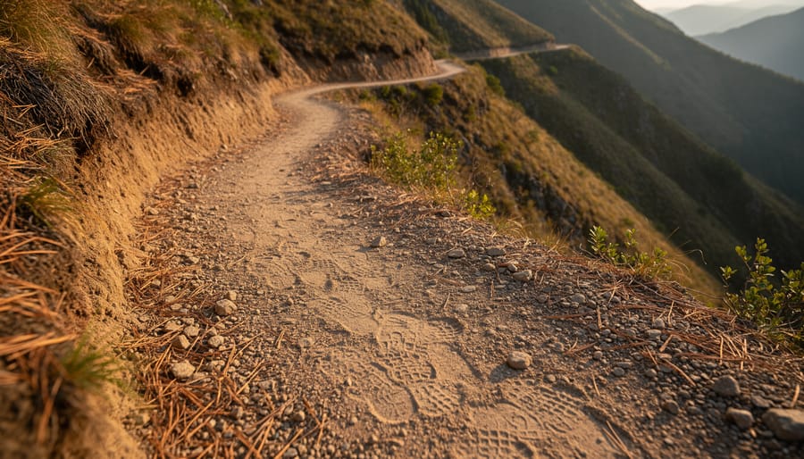 Close-up of hiking boots and trekking poles on a dirt switchback trail surface.