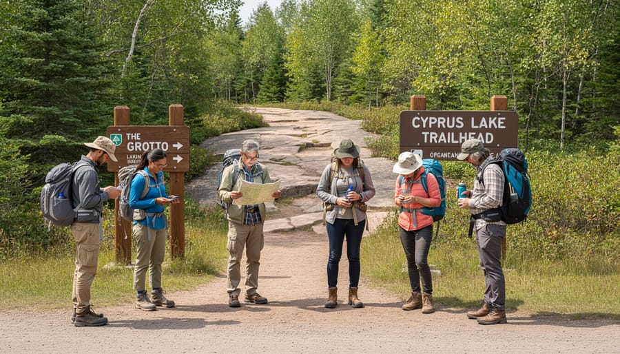 Hikers at the trail entrance near Cyprus Lake, getting ready to start the trek toward The Grotto