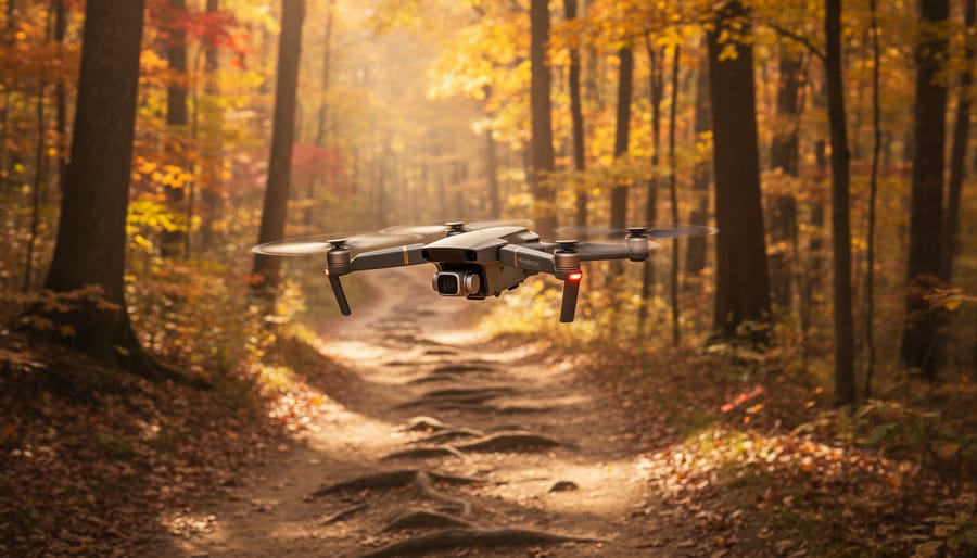 A compact camera drone hovering above a forest trail in autumn near New Hampshire.
