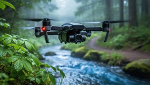 A rugged drone hovering above a forest stream with an environmental sensor visible beneath it, surrounded by trees and wet rocks.