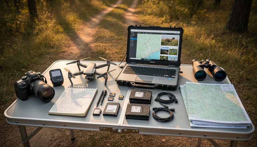 Drone controller and folded camera drone on a waterproof case on a forest picnic table.
