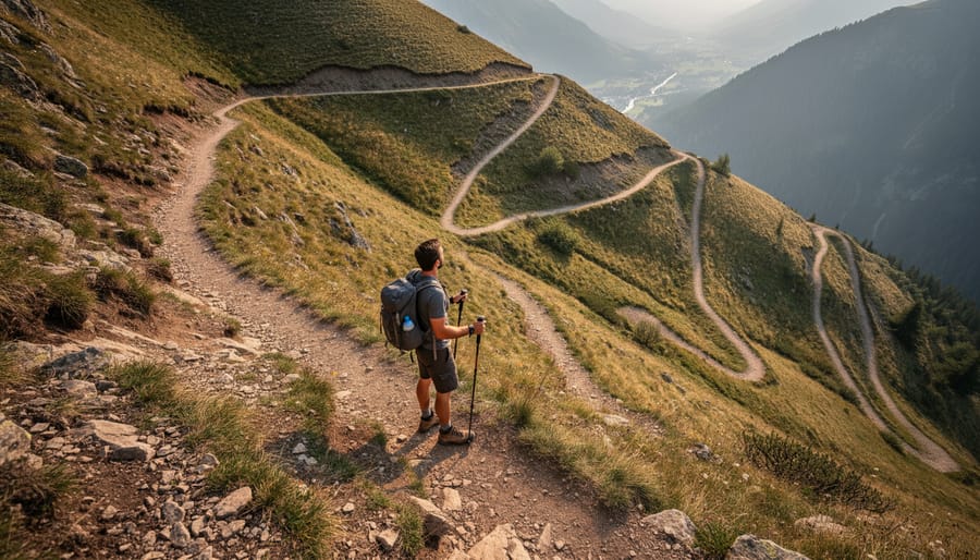 Hiker standing on a steep hiking trail with a visible zigzag switchback.