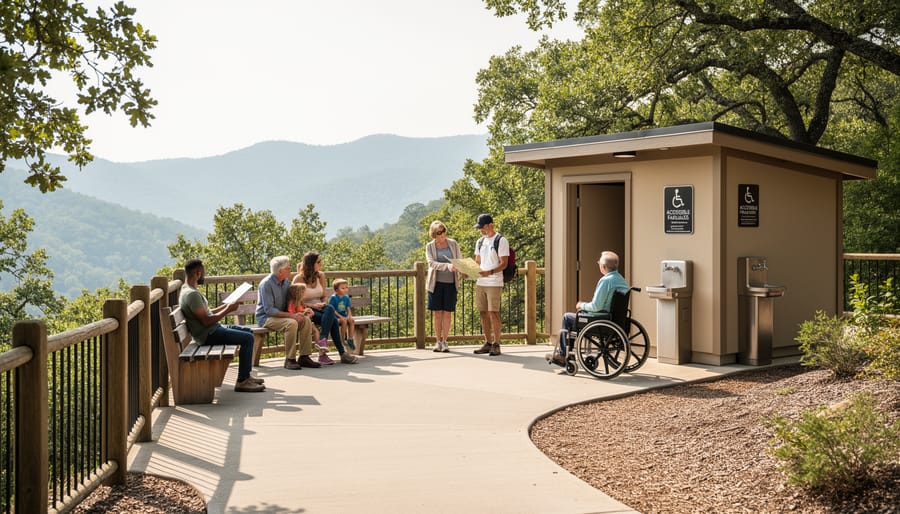 Hikers taking a short break near facilities along the rocky trail to The Grotto