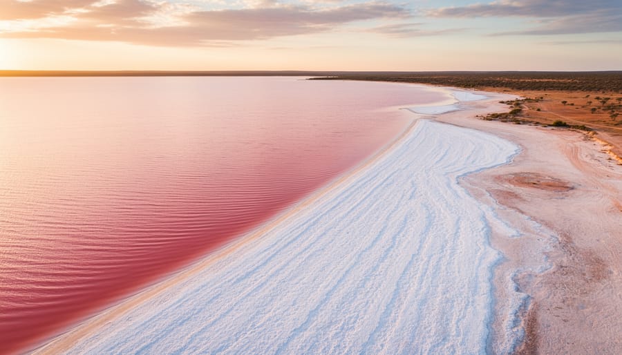 Wide view of Hutt Lagoon showing pink salt flats and shallow water reflecting golden light
