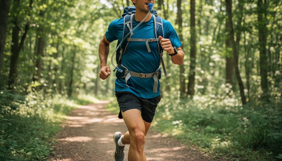Hiker wearing a small hydration-compatible backpack drinking from the water tube