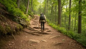 Hiker climbing a steep forest trail on zigzag switchbacks in New England woods.