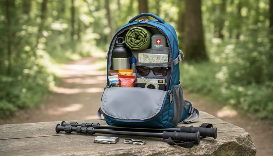 Hands organizing a small day hiking backpack with essential items on a picnic table