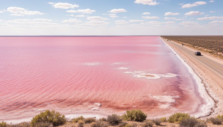 Pink lake landscape with rippled shallow water and a dirt track leading toward the shoreline