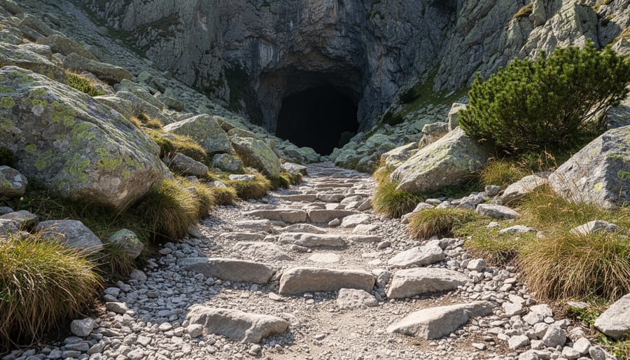 Rocky hiking trail with uneven stones leading toward a dark grotto entrance