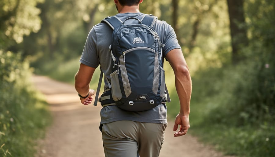 Hiker viewed from behind wearing a small day hiking backpack on a forest trail