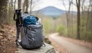 A small day hiking backpack packed with essentials like a rain jacket, trekking poles, and a water bottle on a rocky New England trail.