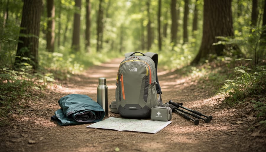 Small day hiking backpack resting on a forest trail next to trekking boots and a rain jacket