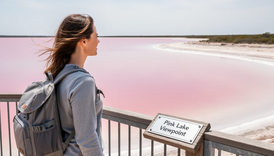 Traveler standing on a salt flat looking toward a pink-hued lake
