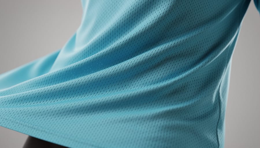 Close-up of breathable hiking fabric texture with visible stitching