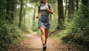 Woman hiking on a forest trail wearing a breathable quick-dry hiking dress with cargo pockets.